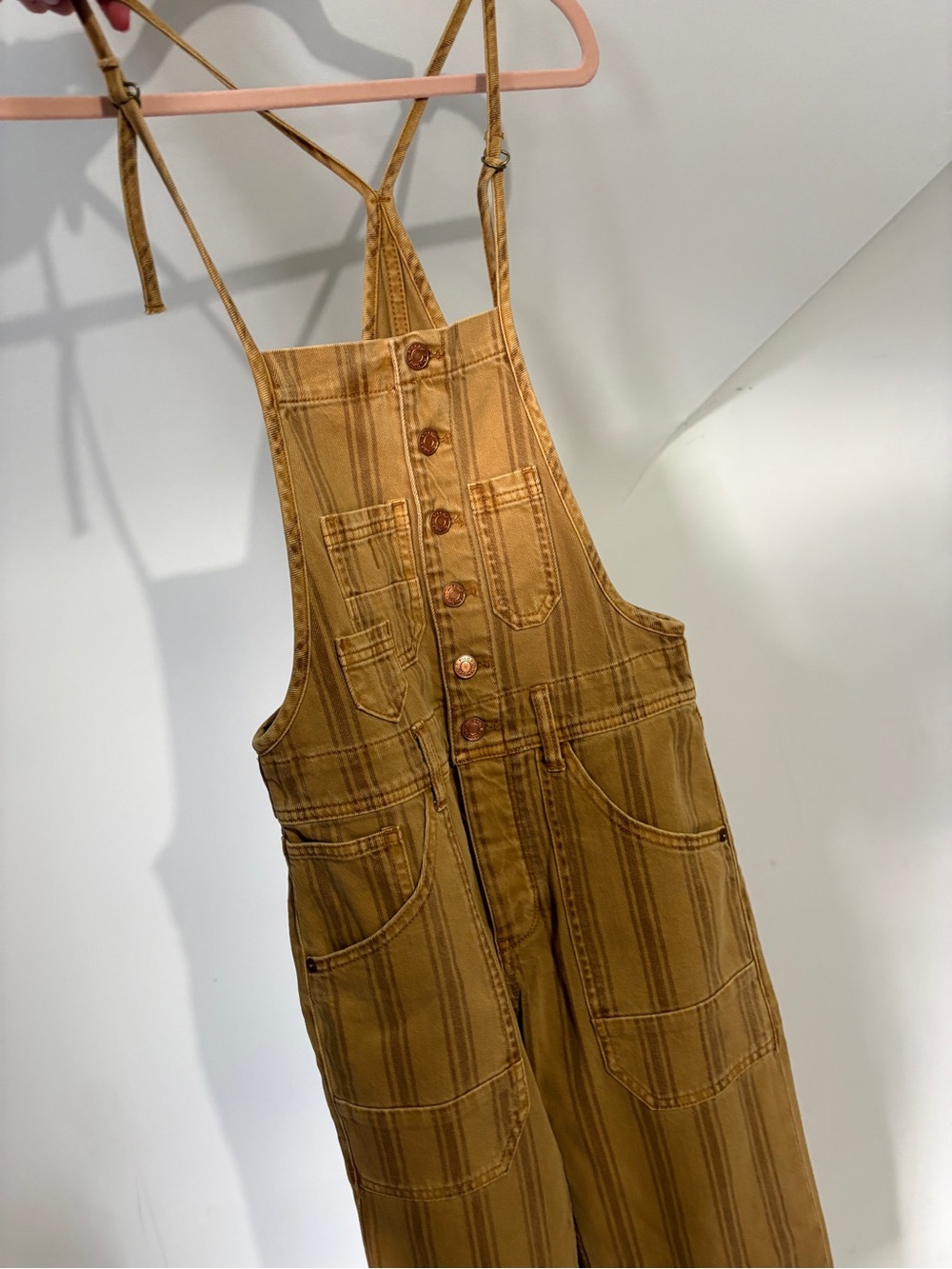 Anthropologie Pilcro Striped Camel Brown Button-Front Overalls - Picture 5 of 14